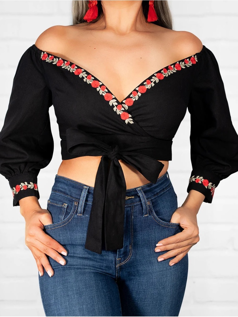 Black Off-Shoulder Crop Top with Red Floral Embroidery